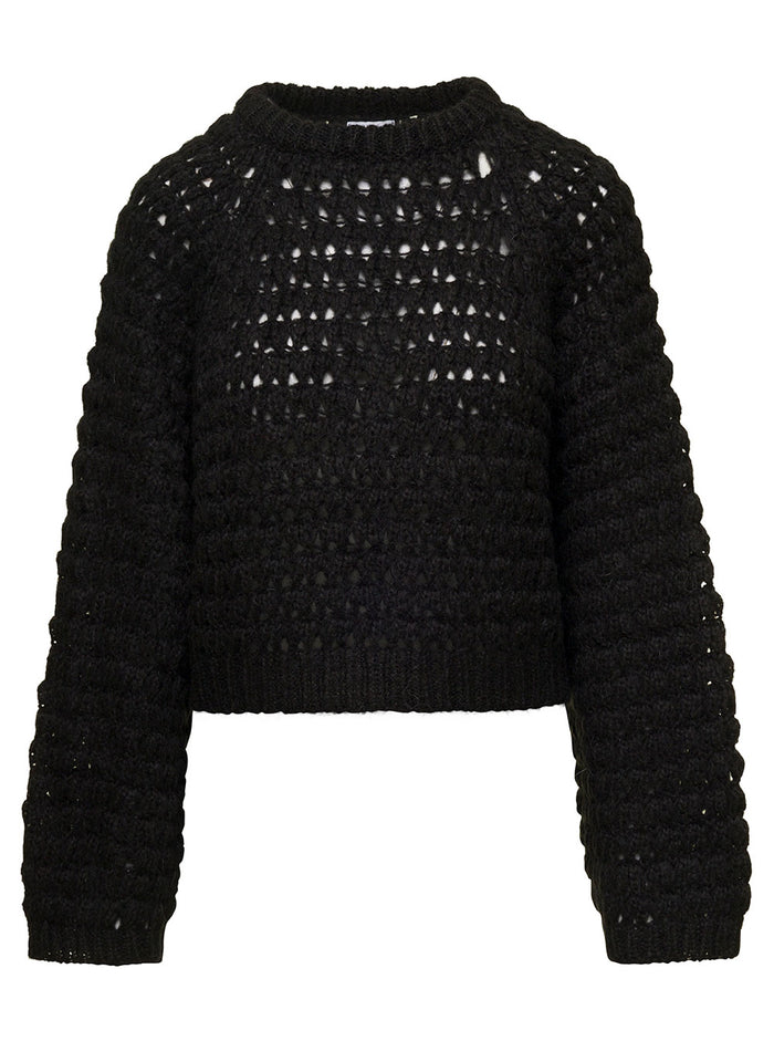 Black Cropped Crewneck Sweater Knit Woman Jersey