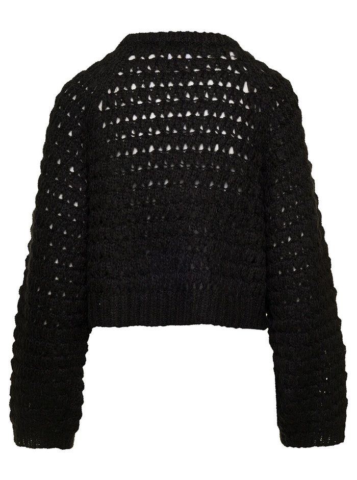 Black Cropped Crewneck Sweater Knit Woman Jersey