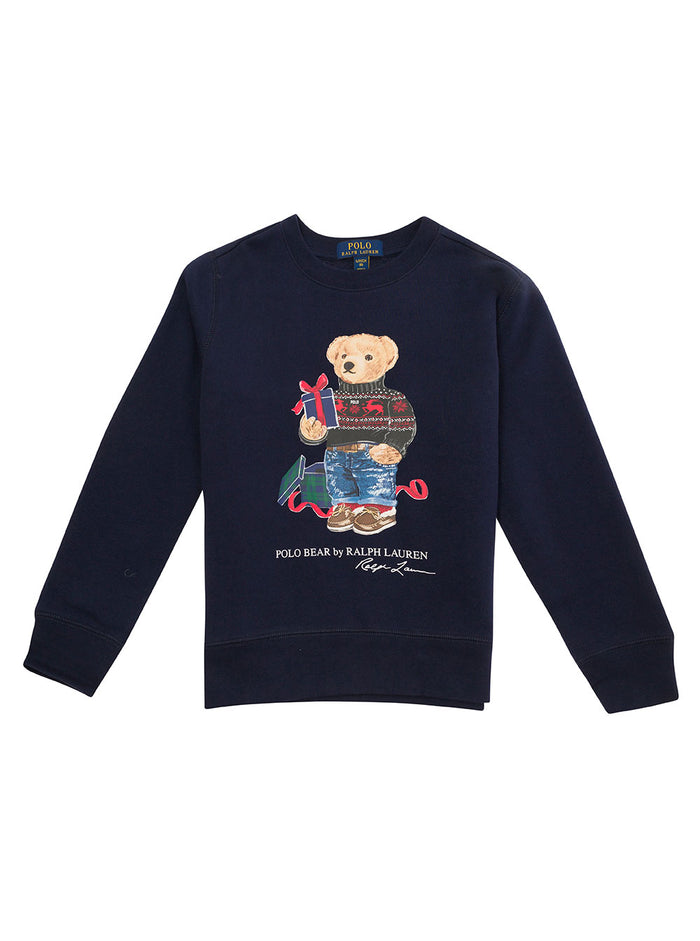 Blue Crewneck Sweater With Polo Bear Print Cotton Blend Boy Blu Polyester Sweatshirts