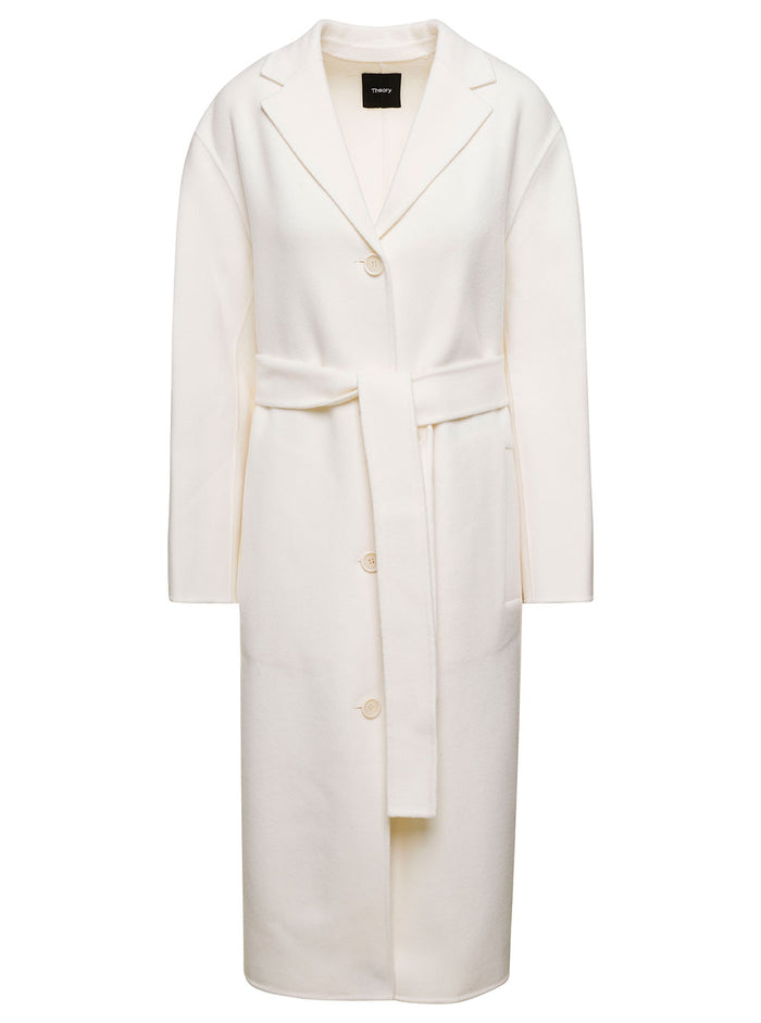 White Relaxed Coat With Matching Belt And Tonal Buttons Wool Cashmere Woman