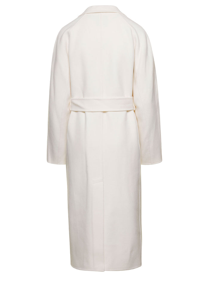 White Relaxed Coat With Matching Belt And Tonal Buttons Wool Cashmere Woman