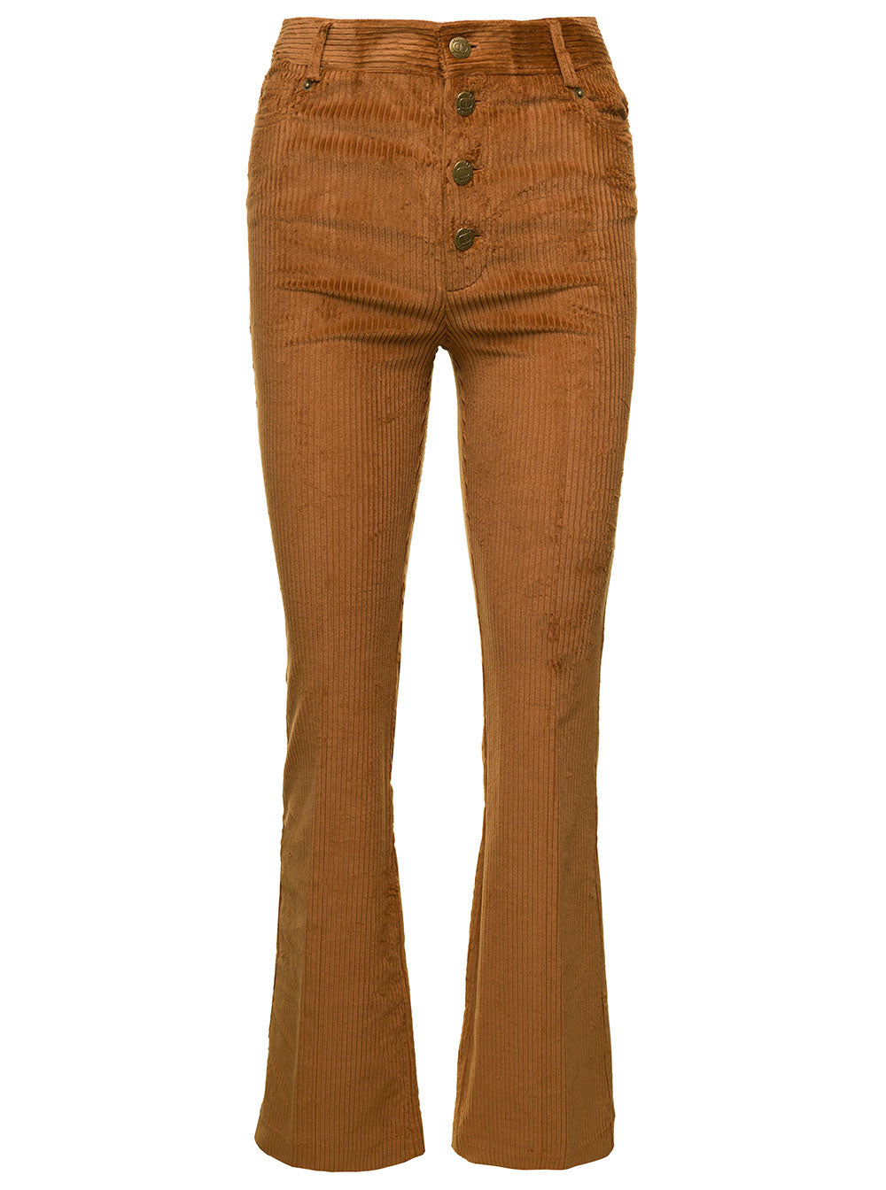 Beige Flare High-Waisted Pants Corduroy Woman Cotton Elastan Trousers