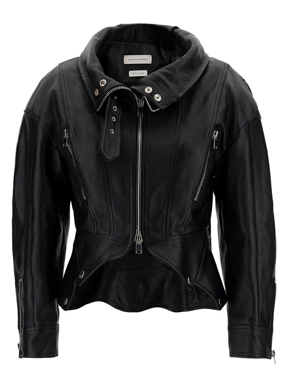 Black Biker Jacket With Zip And Cut-Out Smooth Leather Woman Calf
