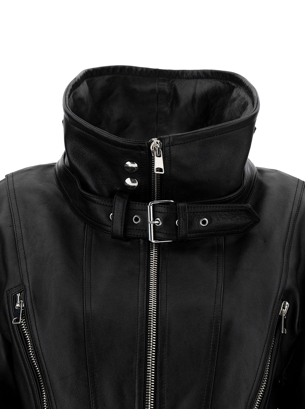 Black Biker Jacket With Zip And Cut-Out Smooth Leather Woman Calf