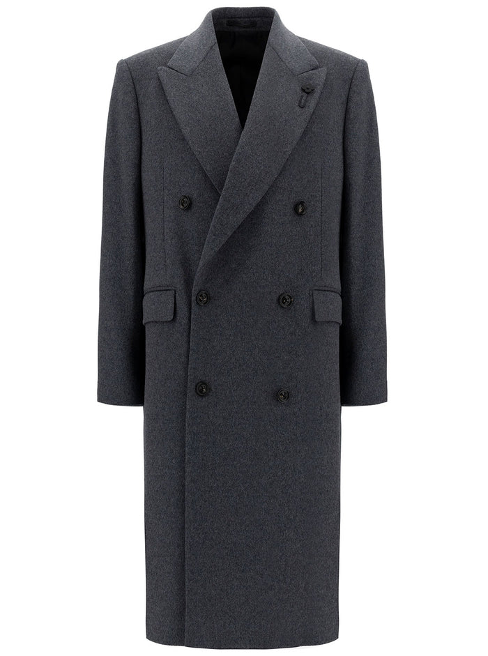 Long Grey Double-Breasted Coat With Peak Revers Lyocell Man Yocell