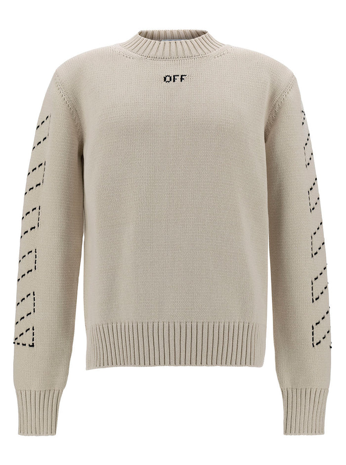 White Crewneck Sweater With Off Logo And Arrow Motif Cotton Blend Man Beige Polyammide Jersey