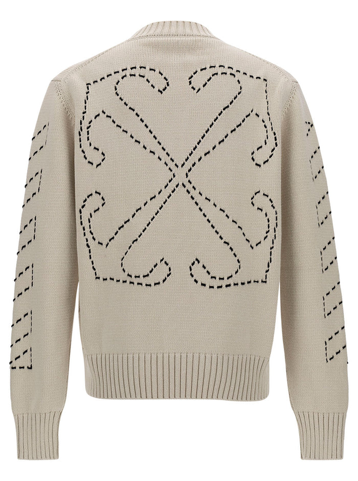White Crewneck Sweater With Off Logo And Arrow Motif Cotton Blend Man Beige Polyammide Jersey