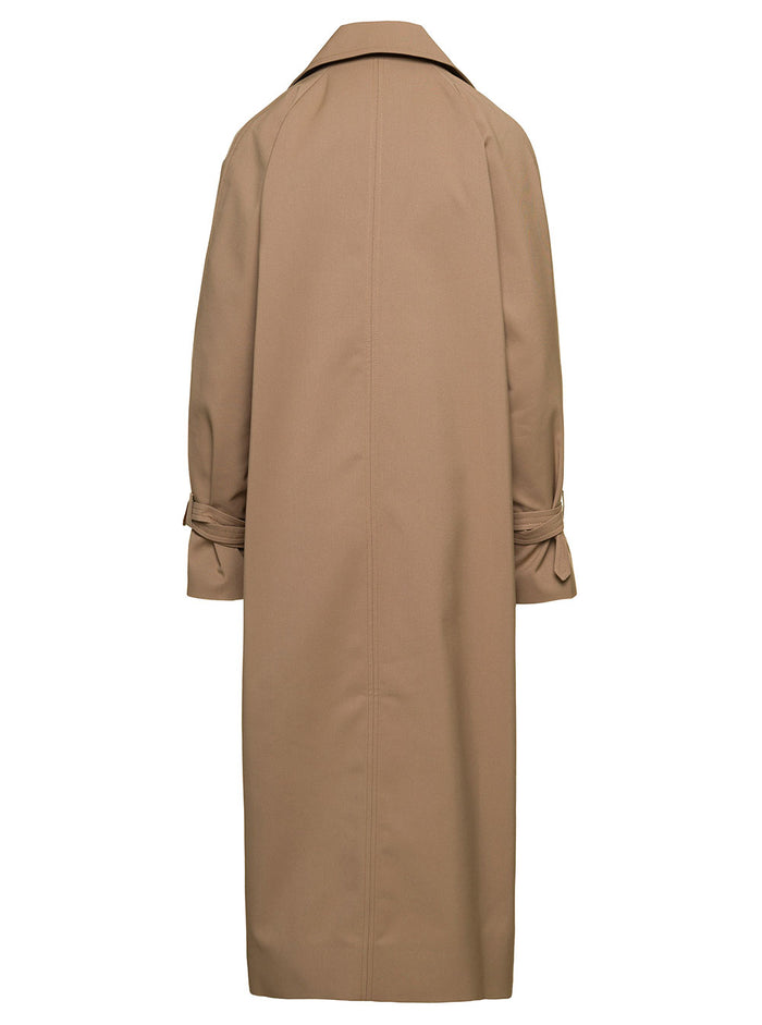 Signature Long Camel Brown Trench Coat With Belted Cuffs Cotton Blend Woman Green