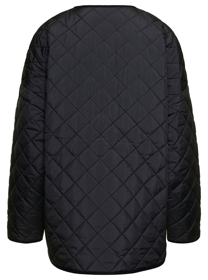 Black Quilted Jacket With Round Neckline Recycled Fabric Woman Polyester Down