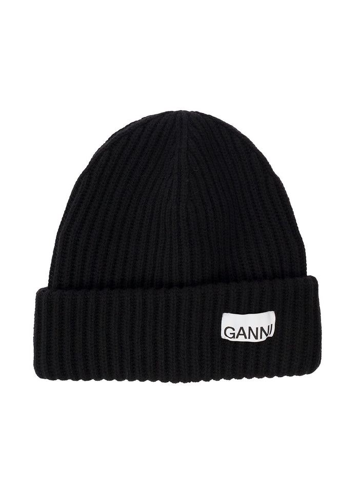 Black Fisherman Rib Beanie With Logo Patch Wool Blend Woman Hats And Gloves