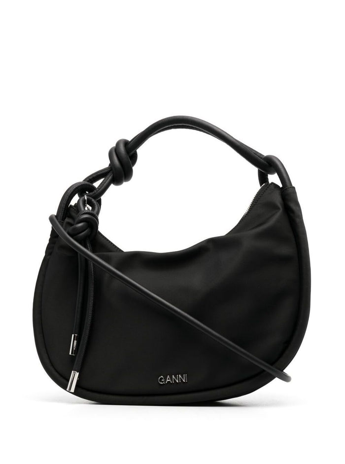 Black Knotted Top-Handle Bag With Logo Polyester Woman Recycled Nylon Shoulder