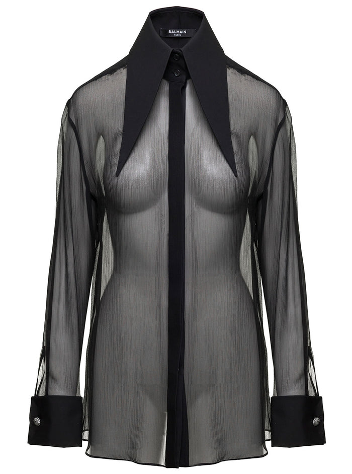 Black Shirt With Oversized Pointed Collar Silk Woman And Blouses