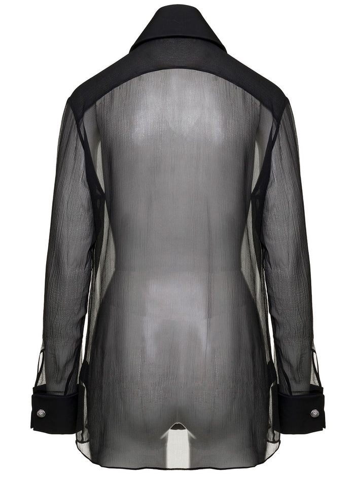 Black Shirt With Oversized Pointed Collar Silk Woman And Blouses
