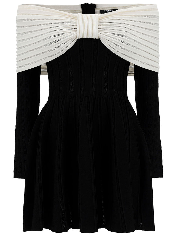 Mini Black Dress With Off-The-Shoulder Bow Neckline Textured Knit Woman White