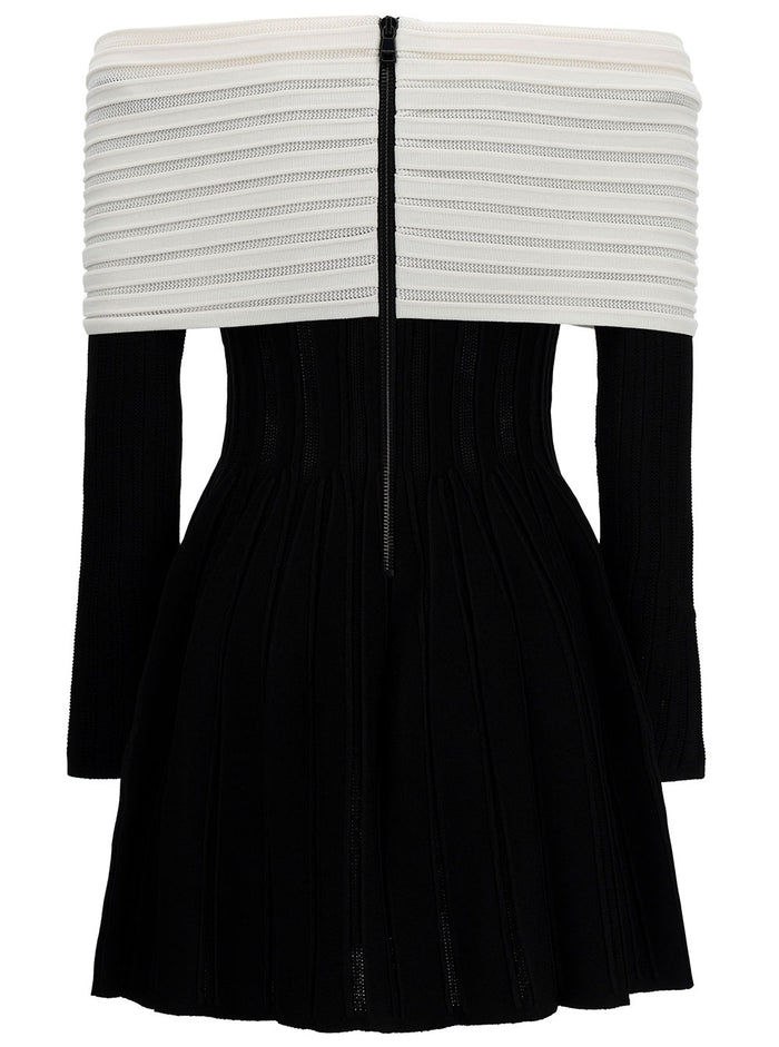 Mini Black Dress With Off-The-Shoulder Bow Neckline Textured Knit Woman White
