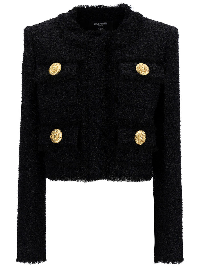 Black Cropped Jacket With Jewel Buttons Tweed Woman Polyamide Blazers