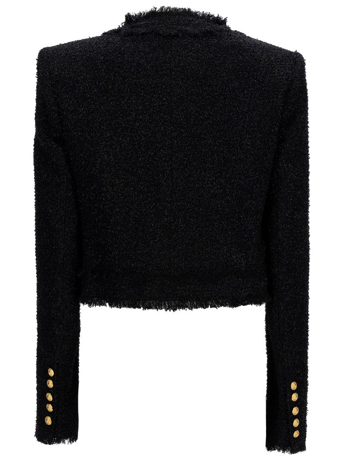 Black Cropped Jacket With Jewel Buttons Tweed Woman Polyamide Blazers