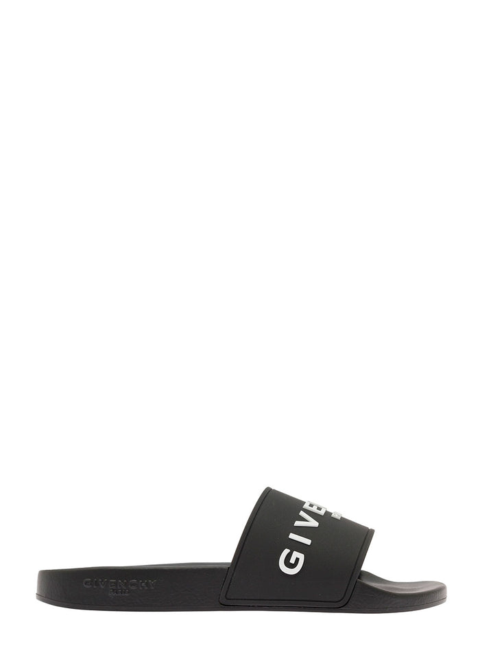 Black Flat Slides With Logo Polyurethane Man Shoes