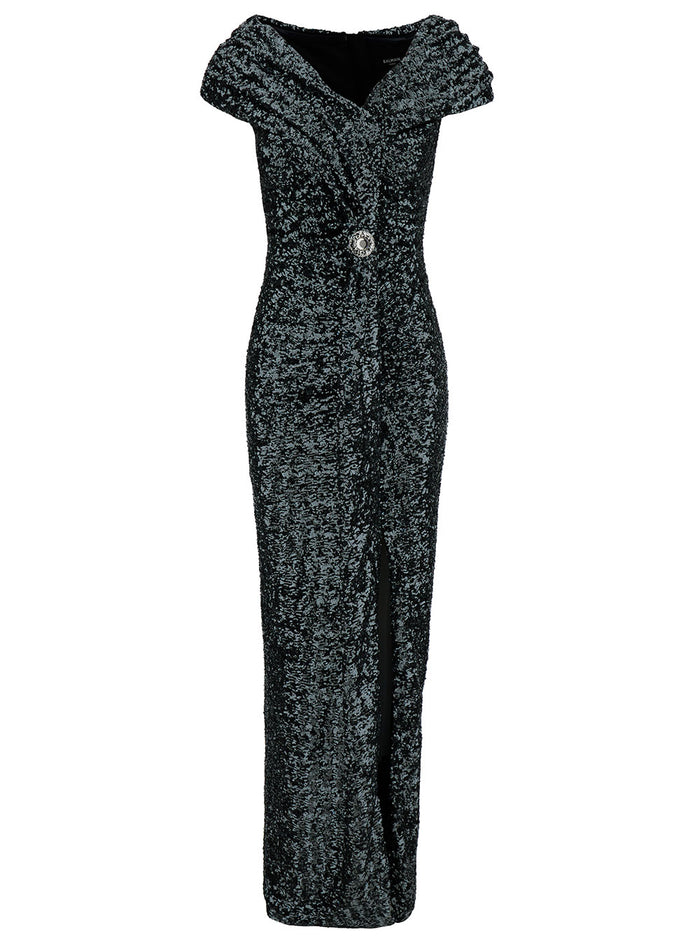 Long Draped Off-Shoulders Sequin Dress Polyester Woman Metallic