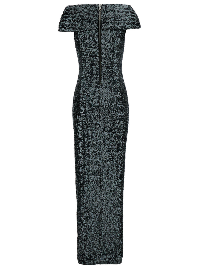 Long Draped Off-Shoulders Sequin Dress Polyester Woman Metallic