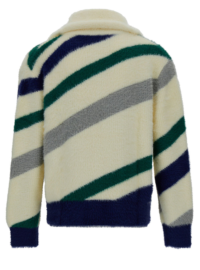 White Stripe Cardigan With Logo Patch Nylon Man Jersey
