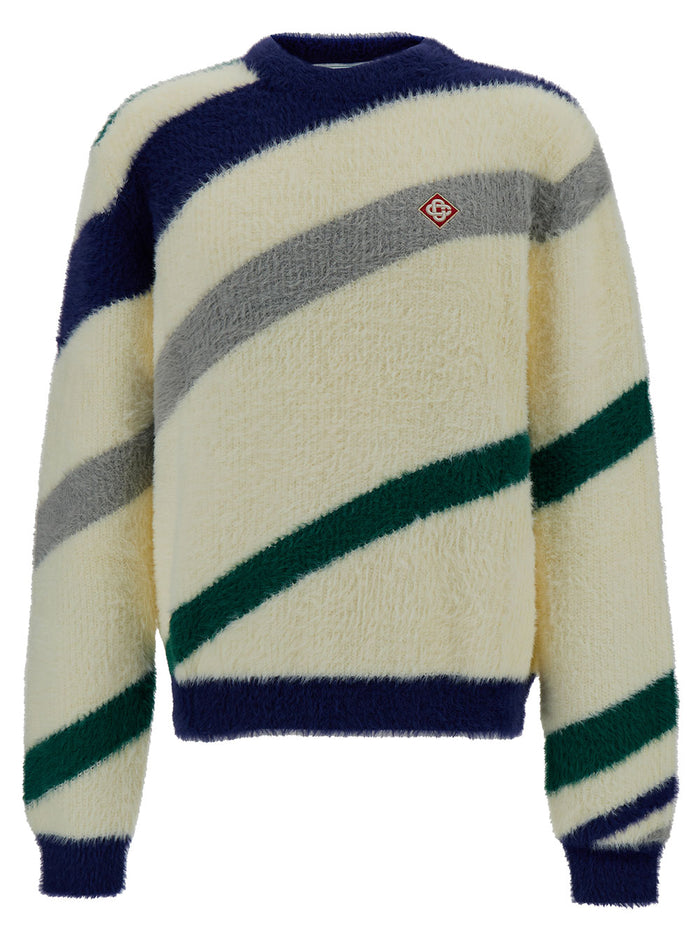 White Striped Sweater With Logo Patch Nylon Man Jersey