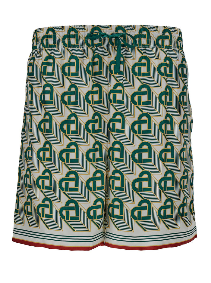 Green Shorts With Heart Monogram And Drawstring Silk Man Bermuda
