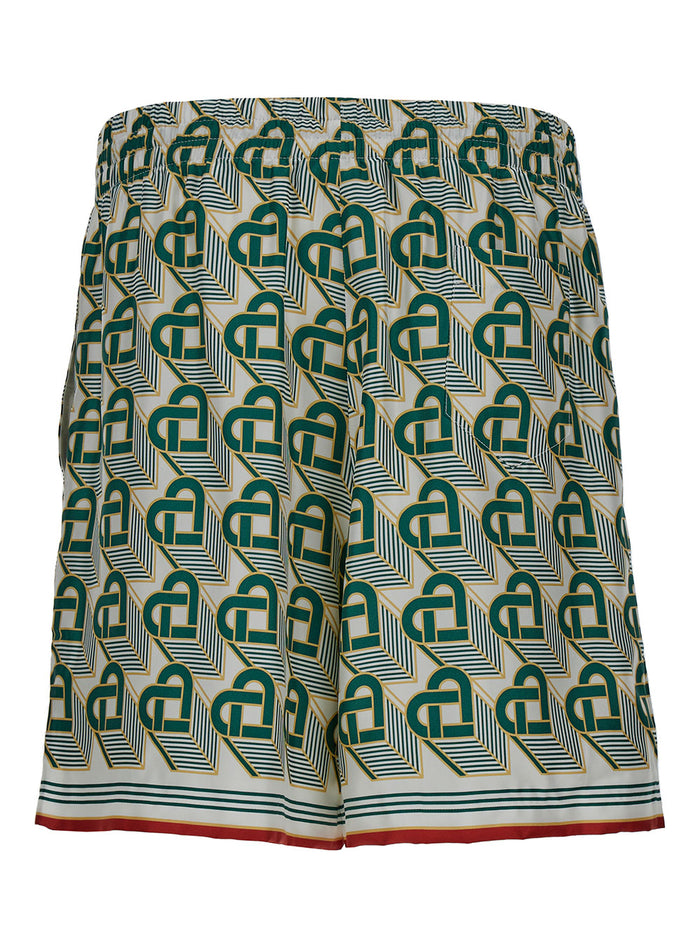 Green Shorts With Heart Monogram And Drawstring Silk Man Bermuda