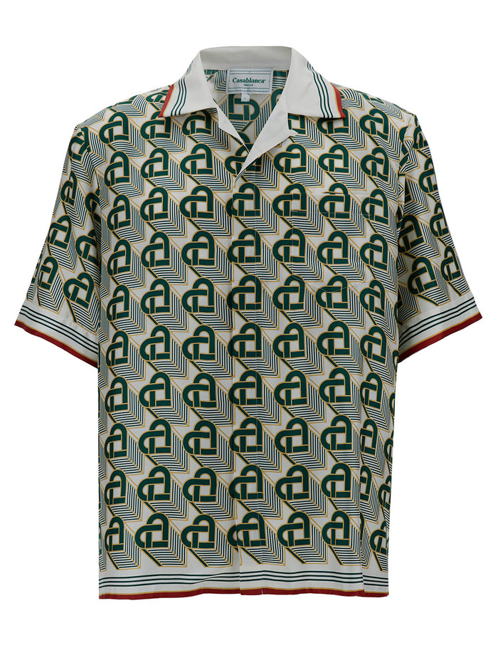 Green Bowling Shirt With Heart Monogram Print Silk Man And Blouses