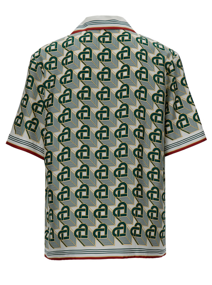 Green Bowling Shirt With Heart Monogram Print Silk Man And Blouses