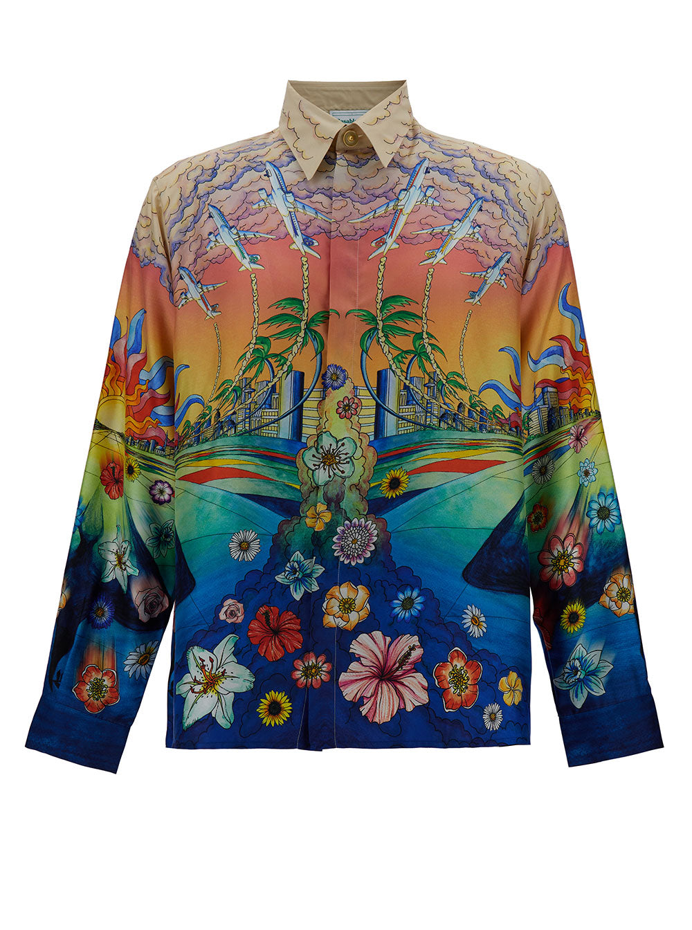 Multicolor Long Sleeve Shirt With All-Over Graphic Print Silk Man And Blouses