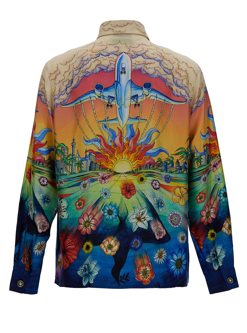 Multicolor Long Sleeve Shirt With All-Over Graphic Print Silk Man And Blouses