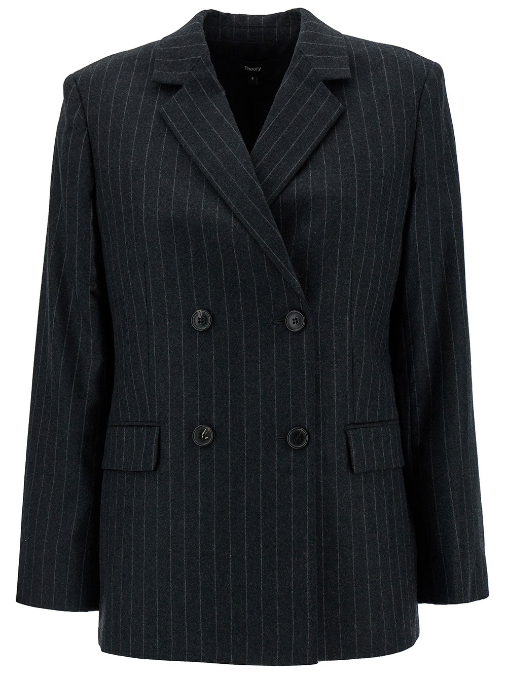 Grey Double-Breasted Jacket With Stripe Motif Wool Woman Virgin Blazers