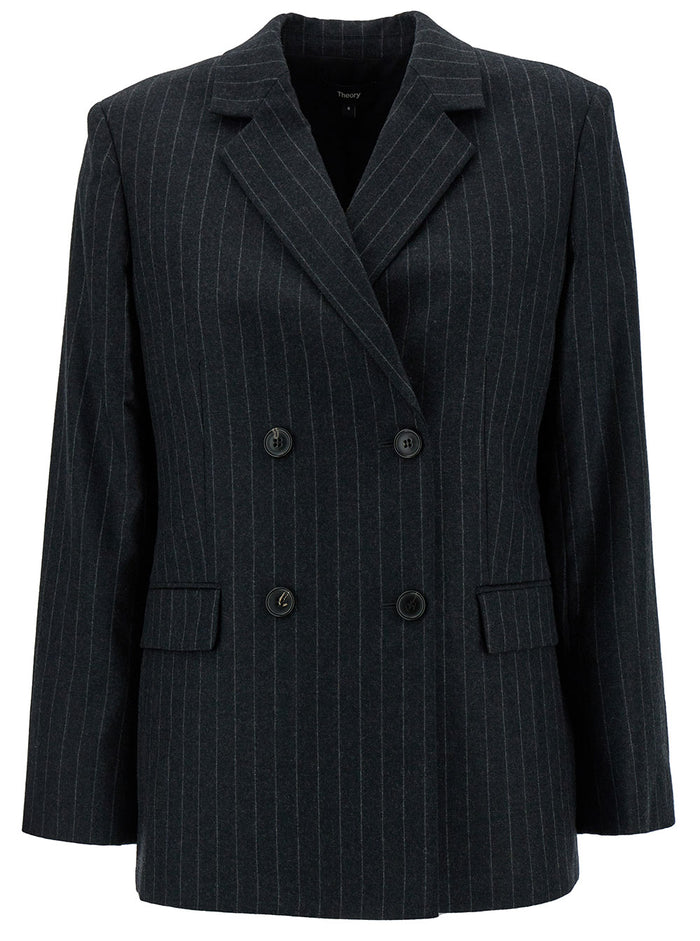 Grey Double-Breasted Jacket With Stripe Motif Wool Woman Virgin Blazers
