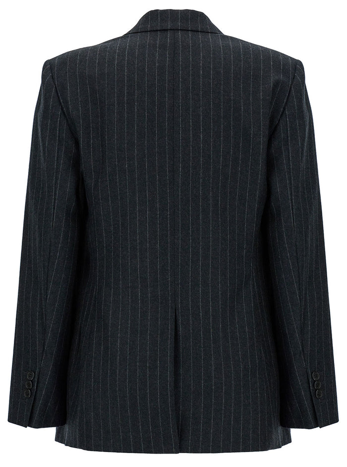 Grey Double-Breasted Jacket With Stripe Motif Wool Woman Virgin Blazers