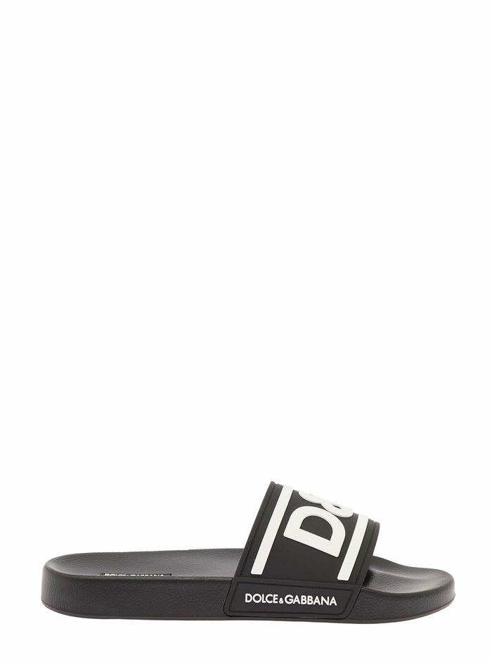 White Pool Slide Rubber With Embossed Logo Dolce& Gabbana Man Black Thermoplastic Polyurethane Flat Shoes