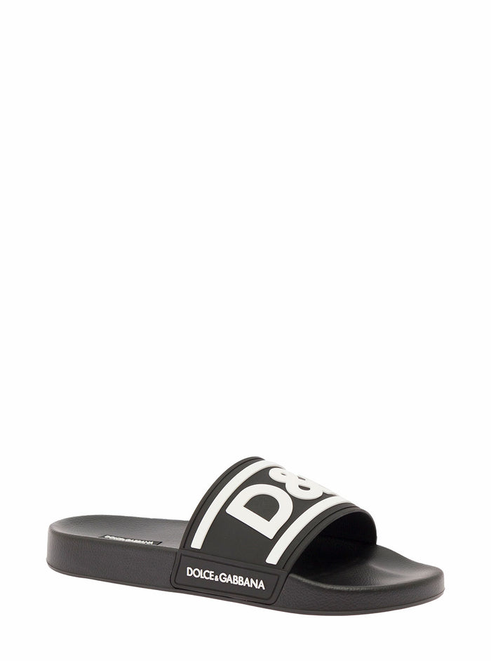 White Pool Slide Rubber With Embossed Logo Dolce& Gabbana Man Black Thermoplastic Polyurethane Flat Shoes