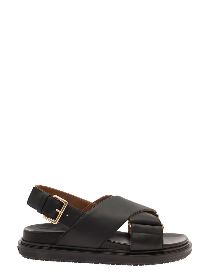 Black Criss-Cross Sandals Smooth Leather Woman Calf Flat Shoes