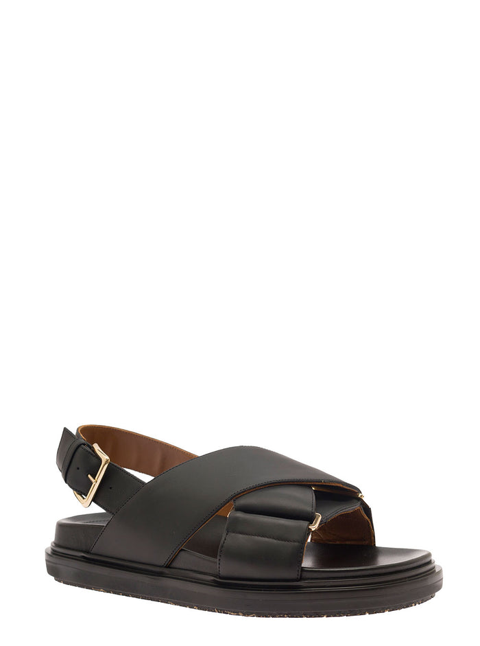 Black Criss-Cross Sandals Smooth Leather Woman Calf Flat Shoes