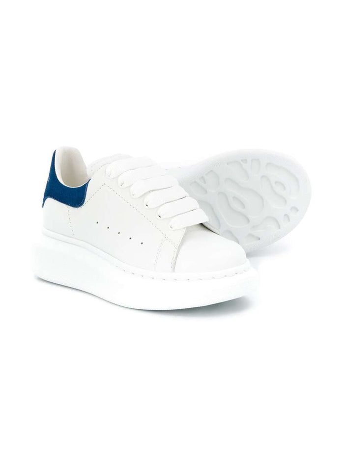 Alexander Mcqueen Kids Boys White Leather Oversize Sneakers With Blue Heel Tab