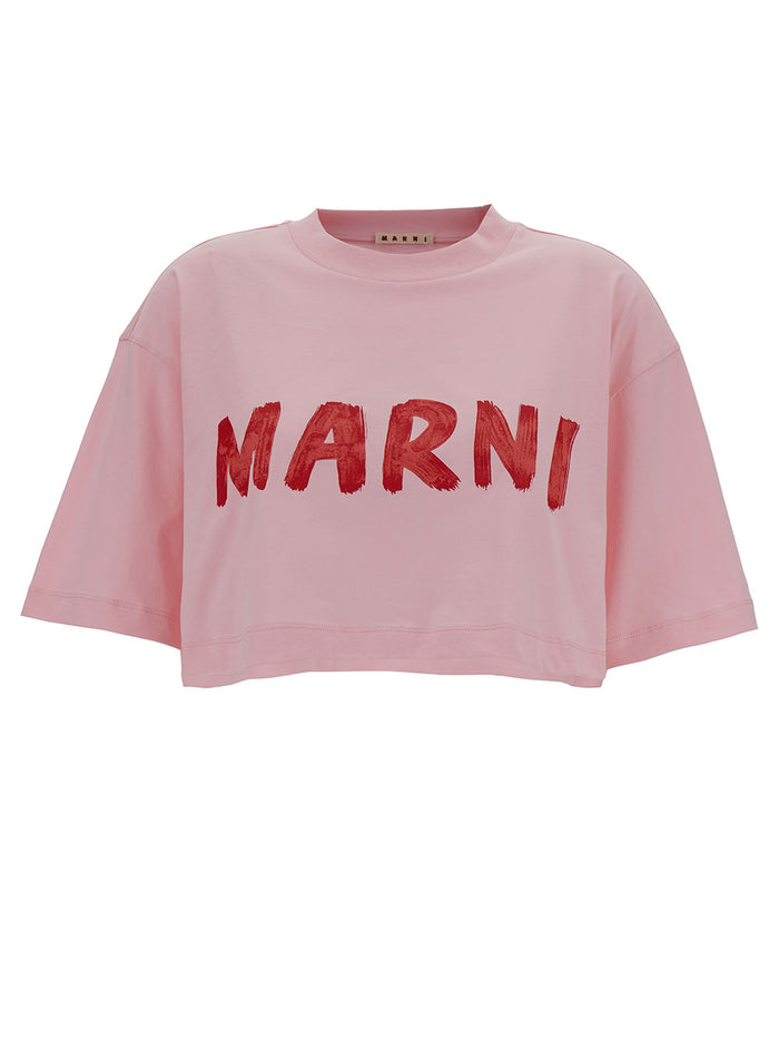 Pink Cropped T-Shirt With Logo Print Cotton Woman Knit Tshirts And Polo Shirts