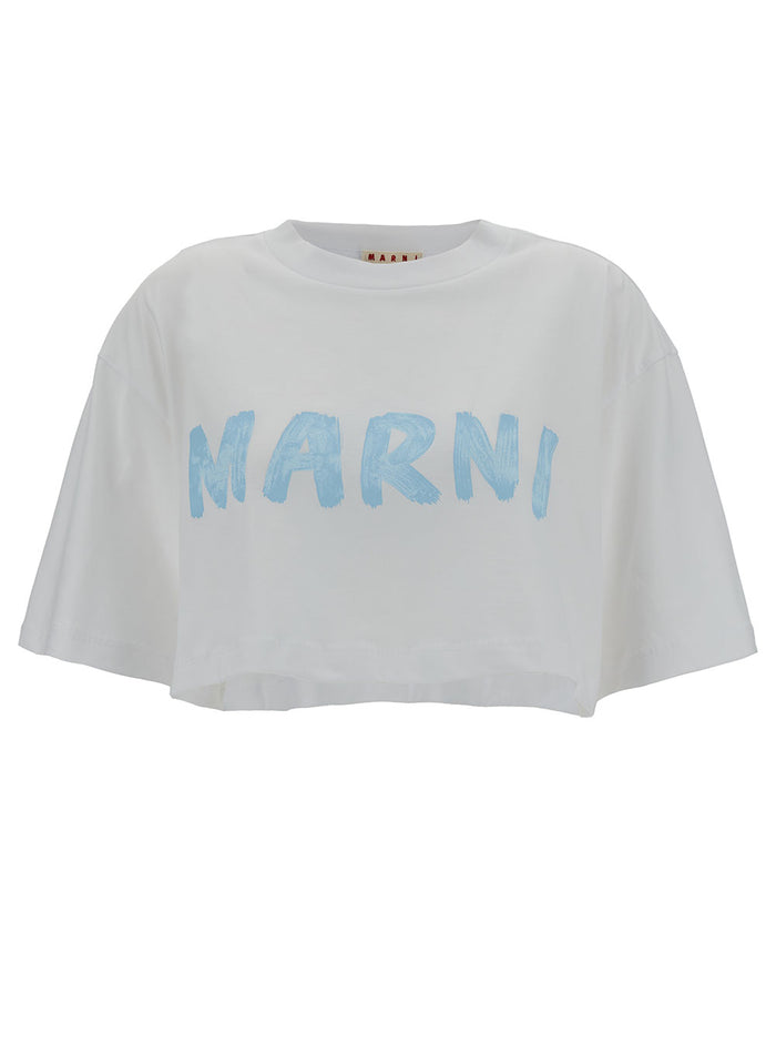 White Cropped T-Shirt With Logo Print Cotton Woman Knit Tshirts And Polo Shirts