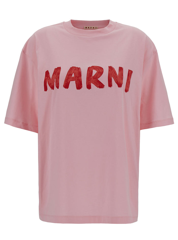 Pink Crewneck T-Shirt With Logo Print Cotton Woman Knit Tshirts And Polo Shirts