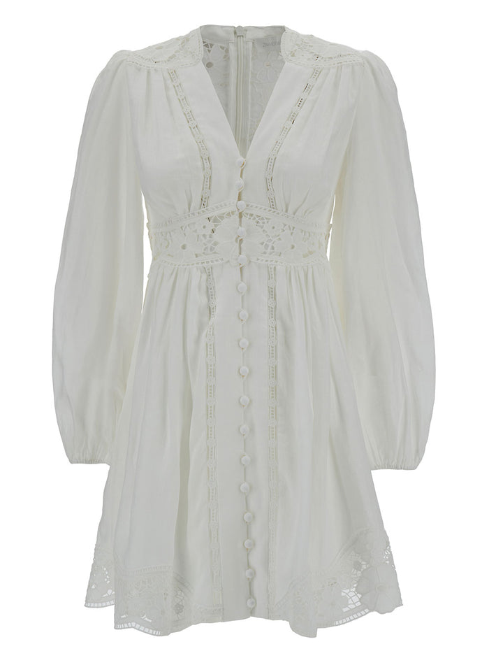 Mini White Dress With Embroideries And Puff Sleeves Linen Woman