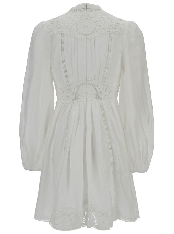 Mini White Dress With Embroideries And Puff Sleeves Linen Woman