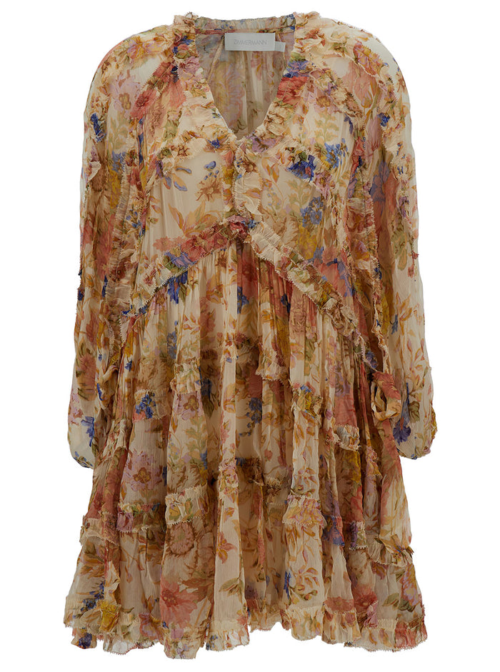 August Mini Multicolor Frill Dress With Floreal Print Viscose Woman
