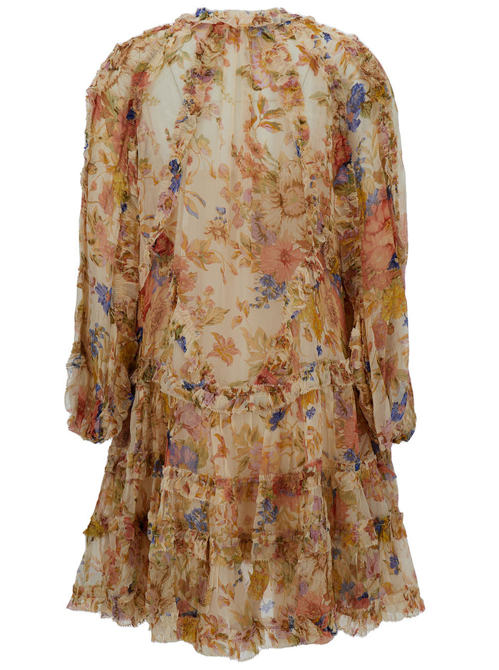 August Mini Multicolor Frill Dress With Floreal Print Viscose Woman