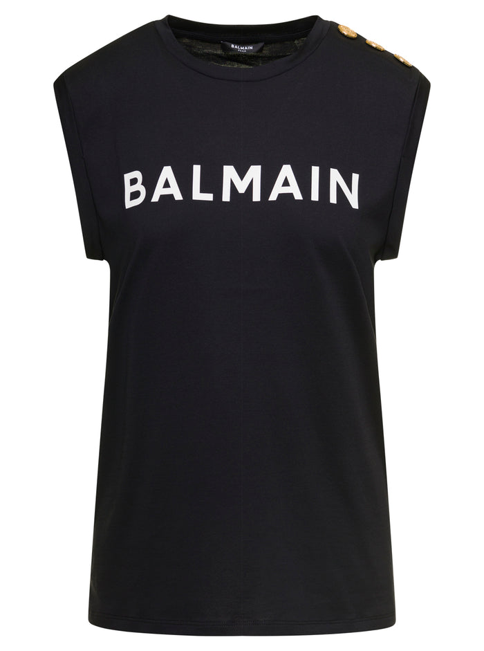 Black Tank Top With Contrasting Lettering Print And Jewel Buttons Cotton Donna Balmain Tshirts Polo Shirts