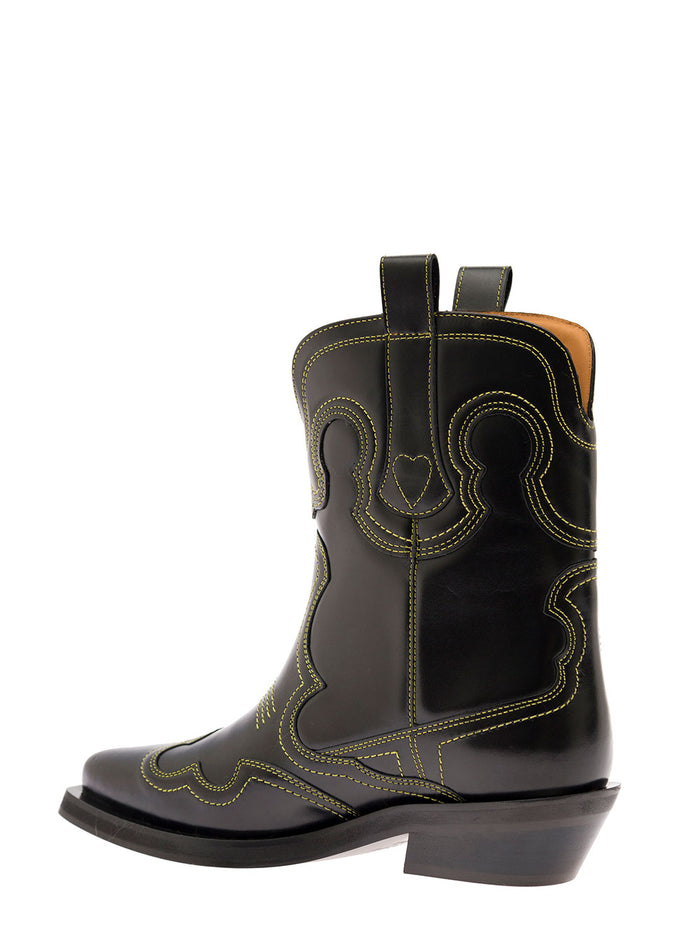 Black Camperos Boots With Stitchings Leather Woman Calf