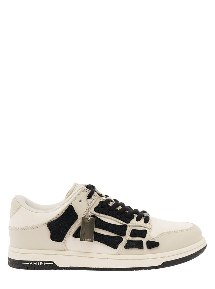 Skel Top Low White And Black Sneakers With Skeleton Patch Leather Man